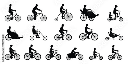 Silhouettes of people riding various types of bicycles and mobility devices cycling person