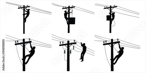 Six Silhouettes of Linemen Working on Utility Poles with Wires and Insulators lineman power line
