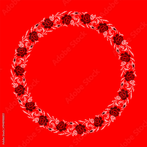 Ukrainian embroidery floral wreath vector illustration inspired by traditional vyshyvanka ornament. Decorative circular frame with red roses, branches and leaves created in cross stitch embroidery