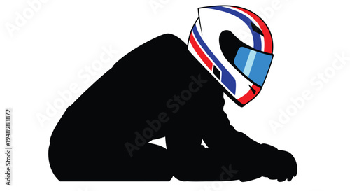 Silhouette of a racer with a colorful helmet head bowed