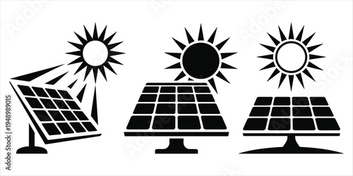 Three Black Silhouettes of Solar Panels and Suns on White Background Keywords: solar panel, sun, solar energy, renewable energy