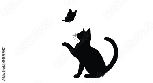 Silhouette of a cat reaching for a flying butterfly against a white background