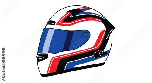 Stylized illustration of a racing helmet with red and blue accents