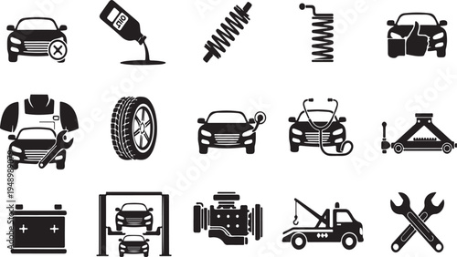 Collection of black car repair and maintenance icons on a pure white background including car parts and tools