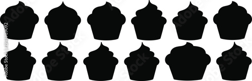 Twelve Black Silhouette Ice Cream Cone Icons with Swirled Topping on White Background ice cream silhouette