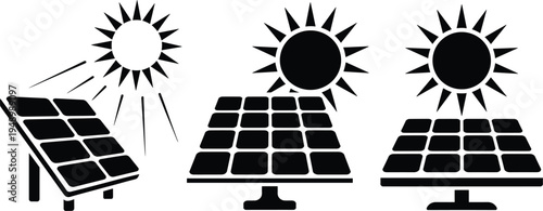 Three Black Silhouettes of Solar Panels and Suns on White Background Keywords: solar panel, sun, solar energy, renewable energy
