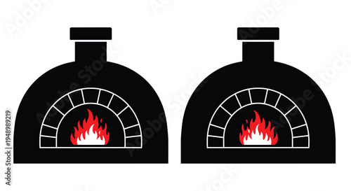 Two black wood fired pizza ovens with burning flames inside