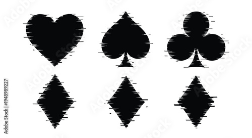 Four suits of playing cards in a glitching fractured silhouette