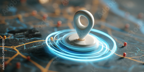 Tracking dot map interface location marker with glowing ripple indicating position and network connectivity pulse