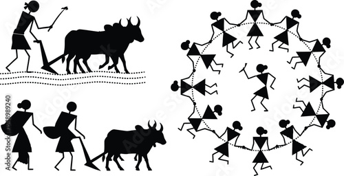 Traditional Indian Warli folk art showing rural daily life scenes with farmers plowing agricultural fields using oxen and tribal people dancing in a festive circle.