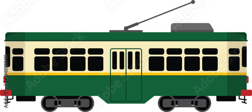 Classic vintage green and cream electric tram car showing side view of an old urban public transportation city streetcar for retro daily commuter passenger travel.