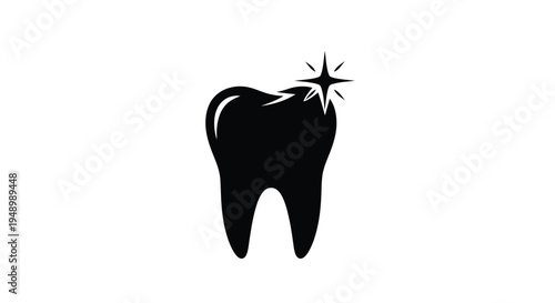 A sparkling black tooth illustration against a plain white background