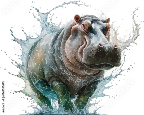 Hand-Painted Watercolor Hippo, African Wildlife Vector, White Background Clipart