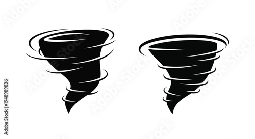 Two stylized black tornado illustrations against a white background