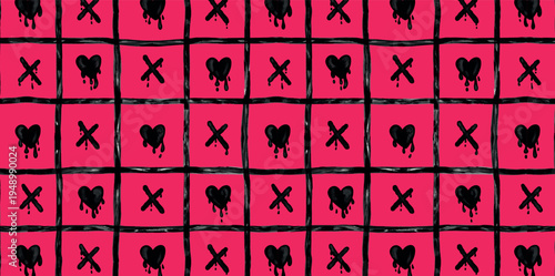 Dark romantic seamless pattern with gothic hearts and crosses arranged in grid style on pink background. Perfect for textile print, wallpaper, packaging and graphic design.