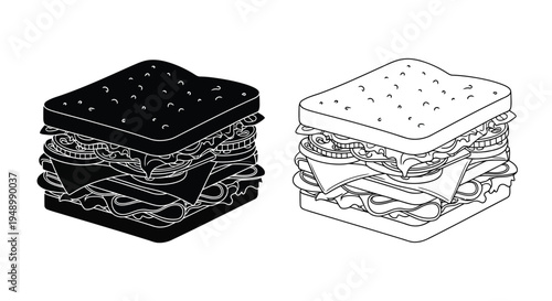 Two stacked sandwiches one dark and one light depicted in a simple outline style