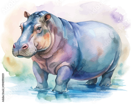 Hand-Painted Watercolor Hippo, African Wildlife Vector, White Background Clipart