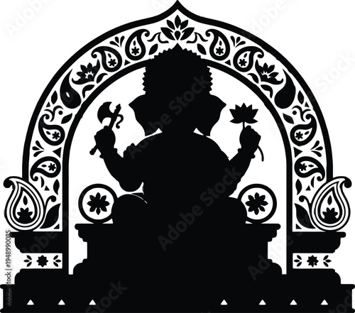 Fotografija Detailed decorative silhouette of Hindu elephant god Lord Ganesha sitting under a beautifully ornate floral archway holding a sacred lotus and axe for holy festival