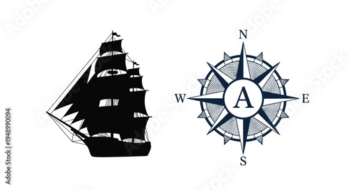 Vintage nautical illustration featuring a sailing ship and compass rose