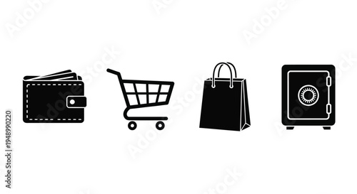 Black silhouettes depicting a wallet shopping cart bag and safe