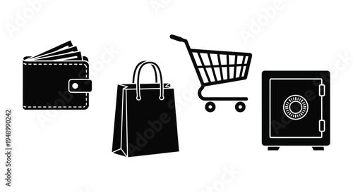 Black silhouettes depicting money shopping and security concepts