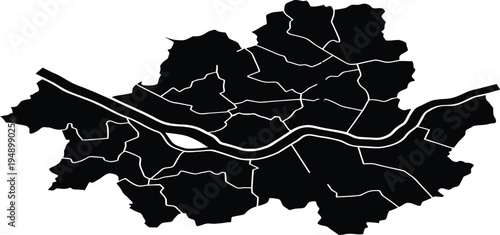 Accurate black silhouette map of Seoul South Korea displaying all twenty five municipal districts and the iconic Han river dividing the modern metropolitan area.