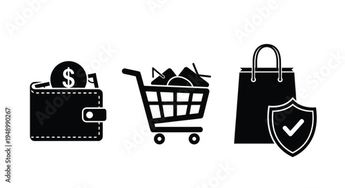 Shopping icons wallet cart bag and security shield depicted in black