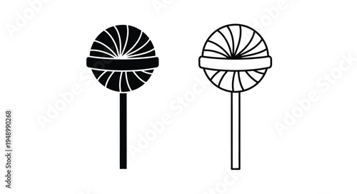 Two stylized lollipops one solid and one with radial lines in black and white