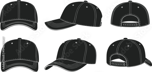 Black Baseball Cap Mockup Set with Front, Side, and Back Views Featuring Adjustable Strap and Stitching Details for Fashion Design and Merchandise Templates