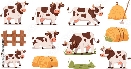 Cute Cartoon Cow Farm Animal Set with Hay Bale Fence Grass Vector Illustration