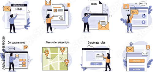 Business Communication and Email Marketing Illustration Set with Newsletter Subscription Corporate Rules Legal Notice Online Message and Web Interface Concepts