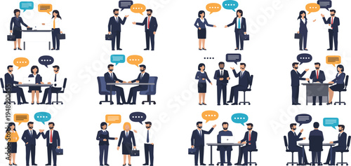 Business Meeting and Communication Illustration Set with Office Team Discussion Negotiation Handshake Collaboration and Corporate Conversation Flat Vector Collection