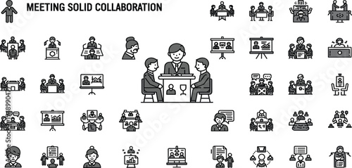 Business Meeting and Team Collaboration Solid Icon Set with Conference Discussion Presentation Leadership Partnership and Corporate Communication Vector Collection