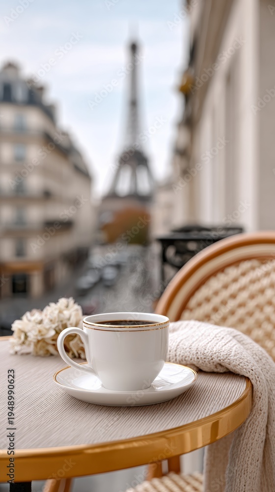 Fototapeta premium Coffee cup on a round table with a white saucer, Parisian street view featuring the Eiffel Tower in the background, soft focus on the foreground elements