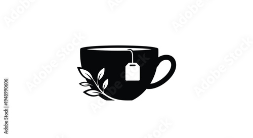 A black and white illustration depicting a cup of tea with leaves