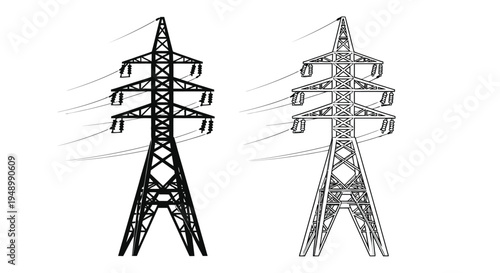 Two black and white illustrations of high voltage electricity transmission towers