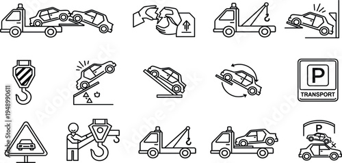 Car Towing Service Line Icon Set with Tow Truck, Vehicle Recovery, Breakdown Assistance, Transport Parking Signs and Roadside Emergency Repair Symbols
