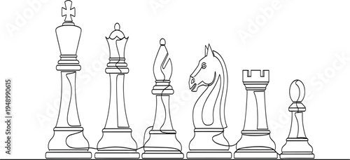 Chess Piece Line Art Illustration with King Queen Bishop Knight Rook and Pawn Strategy Board Game Outline Vector for Competition and Intelligence Concept