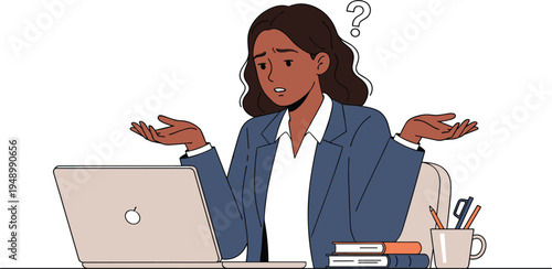 Confused Business Woman Working on Laptop with Question Mark Concept for Problem Solving, Uncertainty, Decision Making and Office Work Situation Illustration