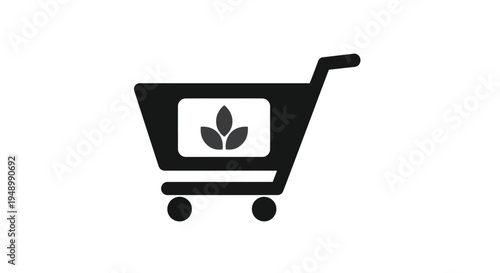 Simple black and white icon of a shopping cart with a plant inside