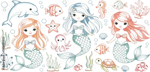 Cute Mermaid Underwater Character Set with Dolphin, Fish, Seahorse, Octopus, Turtle, Starfish, Coral and Seaweed for Kids Ocean Fantasy Illustration