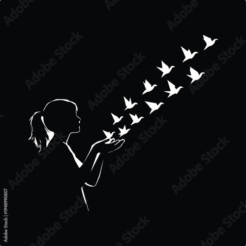 Silhouette of a young girl releasing a flock of birds from her hands on a black background.