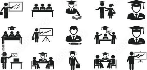 Education and Teaching Icon Set with Teacher, Students, Graduation Cap, Classroom Presentation, Learning, Training and Academic School Symbols