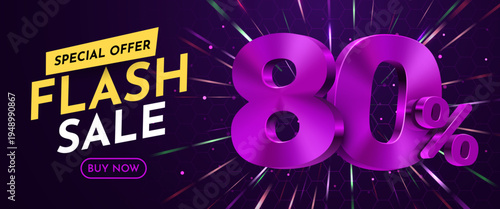 Modern Flash Sale 80 Discount Banner with a vibrant purple design and dynamic glowing background. Vector illustration.
