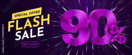 Modern Flash Sale 90 Discount Banner with a vibrant purple design and dynamic glowing background. Vector illustration.