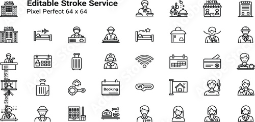 Hotel and Hospitality Service Line Icon Set with Receptionist Bellboy Room Service Booking Calendar Wifi Luggage Staff and Accommodation Symbols
