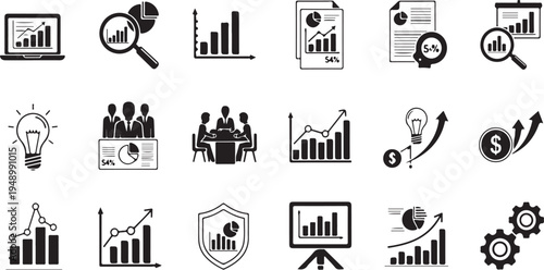 Collection of business and finance icons including graphs, charts, and office equipment on a white background