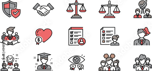 Human Resources and Recruitment Line Icon Set with Hiring, Teamwork, Resume, Leadership, Candidate Selection, Protection, Achievement and Workforce Management Concepts