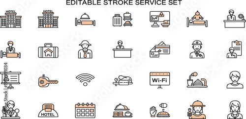 Hotel Service and Hospitality Editable Stroke Icon Set with Reception Staff Room Service WiFi Luggage Booking and Guest Support Vector Collection