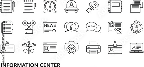 Information Center and Customer Support Line Icon Set with Help Desk Chat Phone News Notebook ID Card Printer Communication Symbols